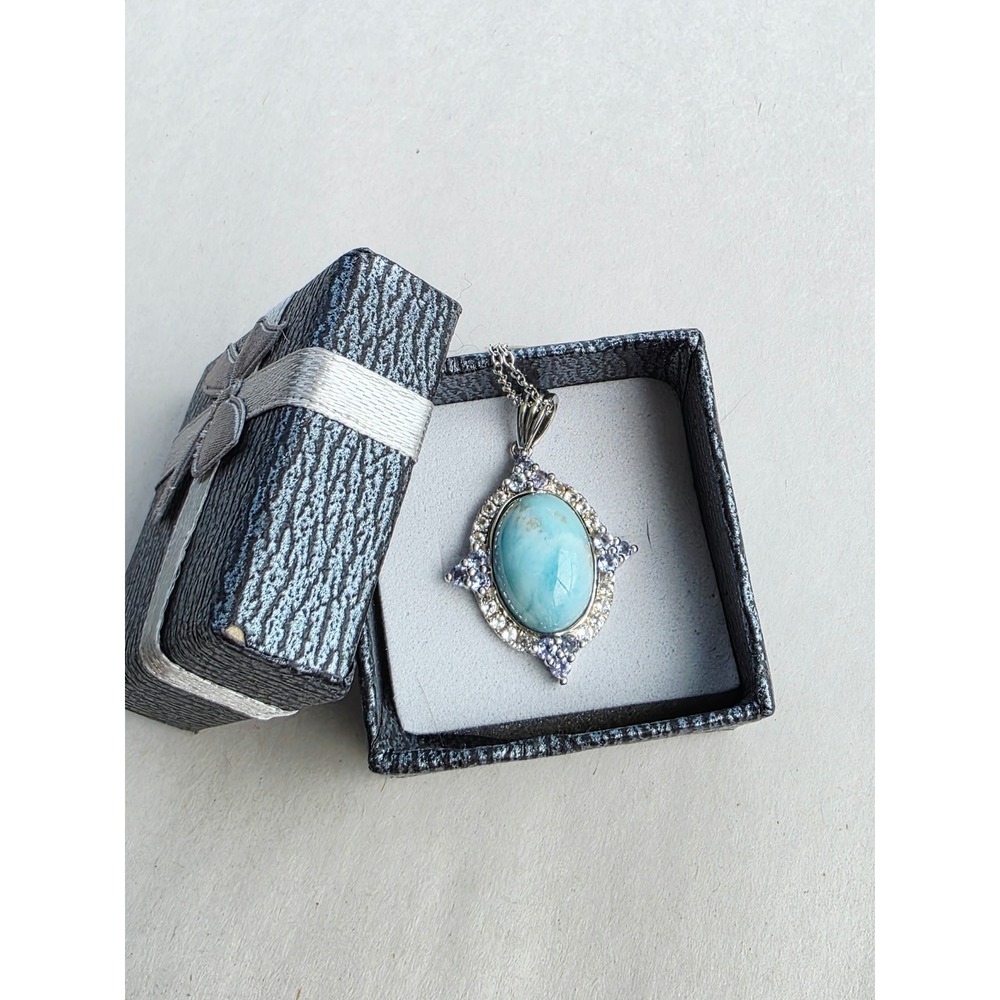 Larimar Sterling Silver Oval Pendant Necklace Blue Gemstone Halo 18 Inch Chain